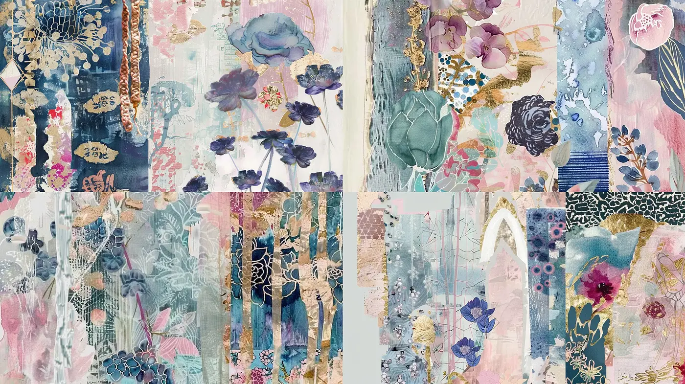 Ethereal Collage of Florals and Textures in Pastel Hues - Midjourney sref style
