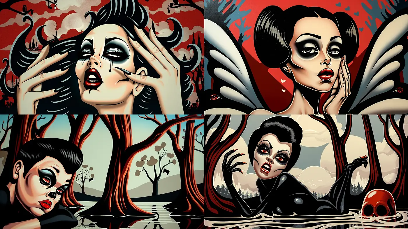 Gothic Elegance in Saturated Tones: A Homage to Modern Graphic Illustrations - Midjourney sref style
