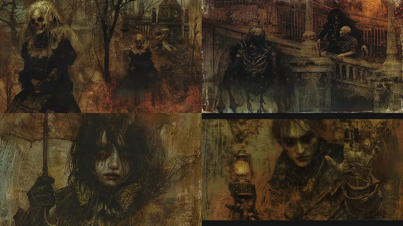 Ethereal Gothic Atmosphere in Ochre Hues - Midjourney sref style