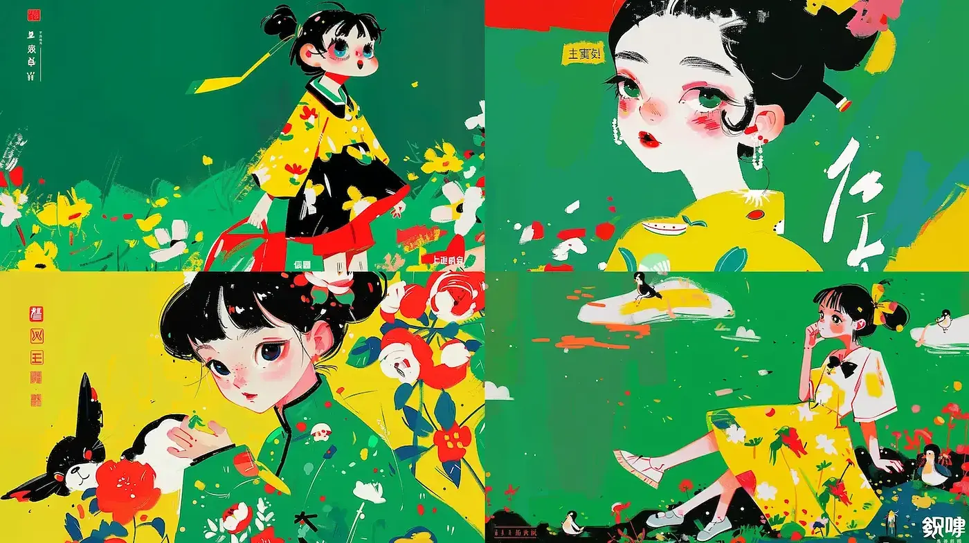Vibrant and Playful Illustrations with Floral Motifs - Midjourney sref style
