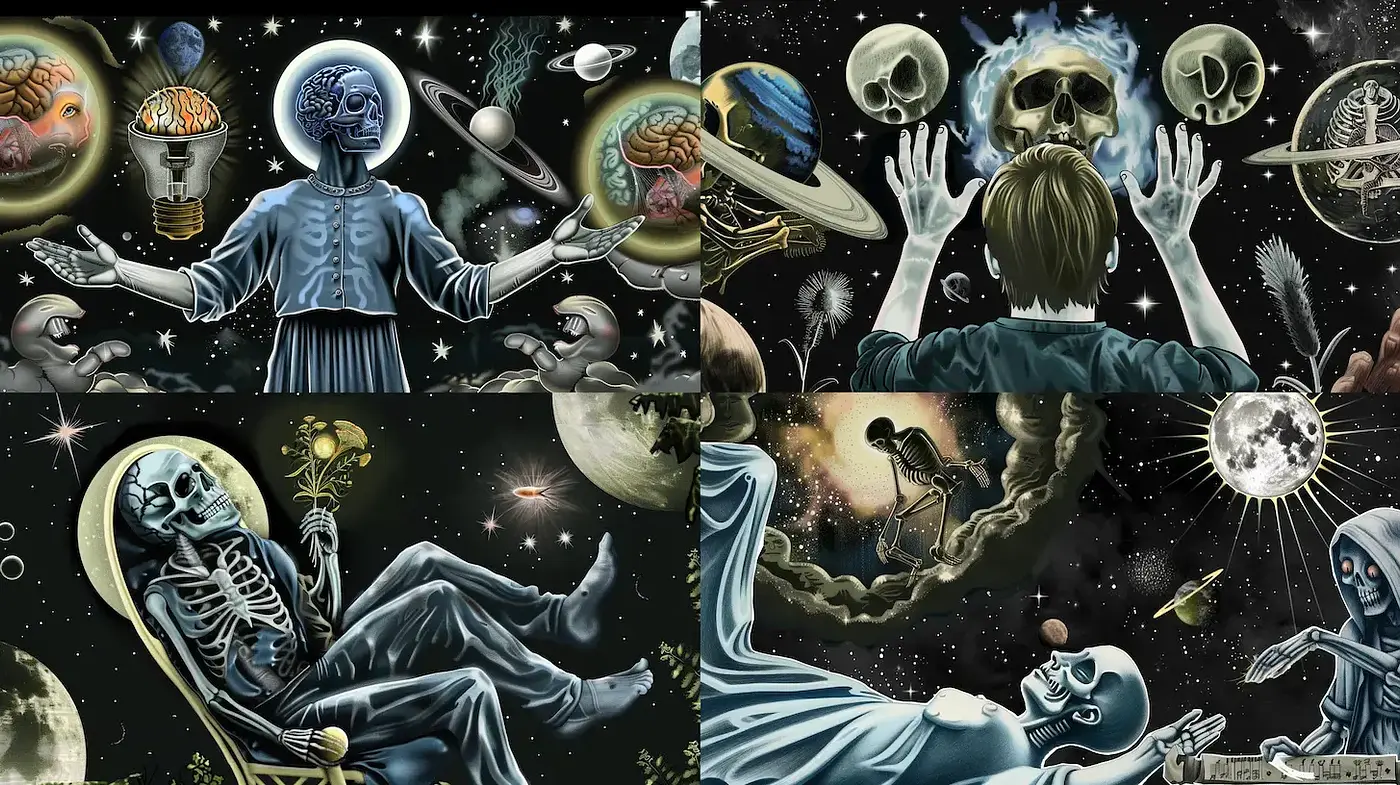 Surreal Cosmic Dance of Death and Discovery - Midjourney sref style