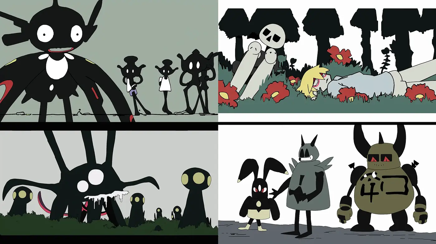 Monochromatic Silhouettes and Vibrant Accents in Surrealist Fantasy - Midjourney sref style
