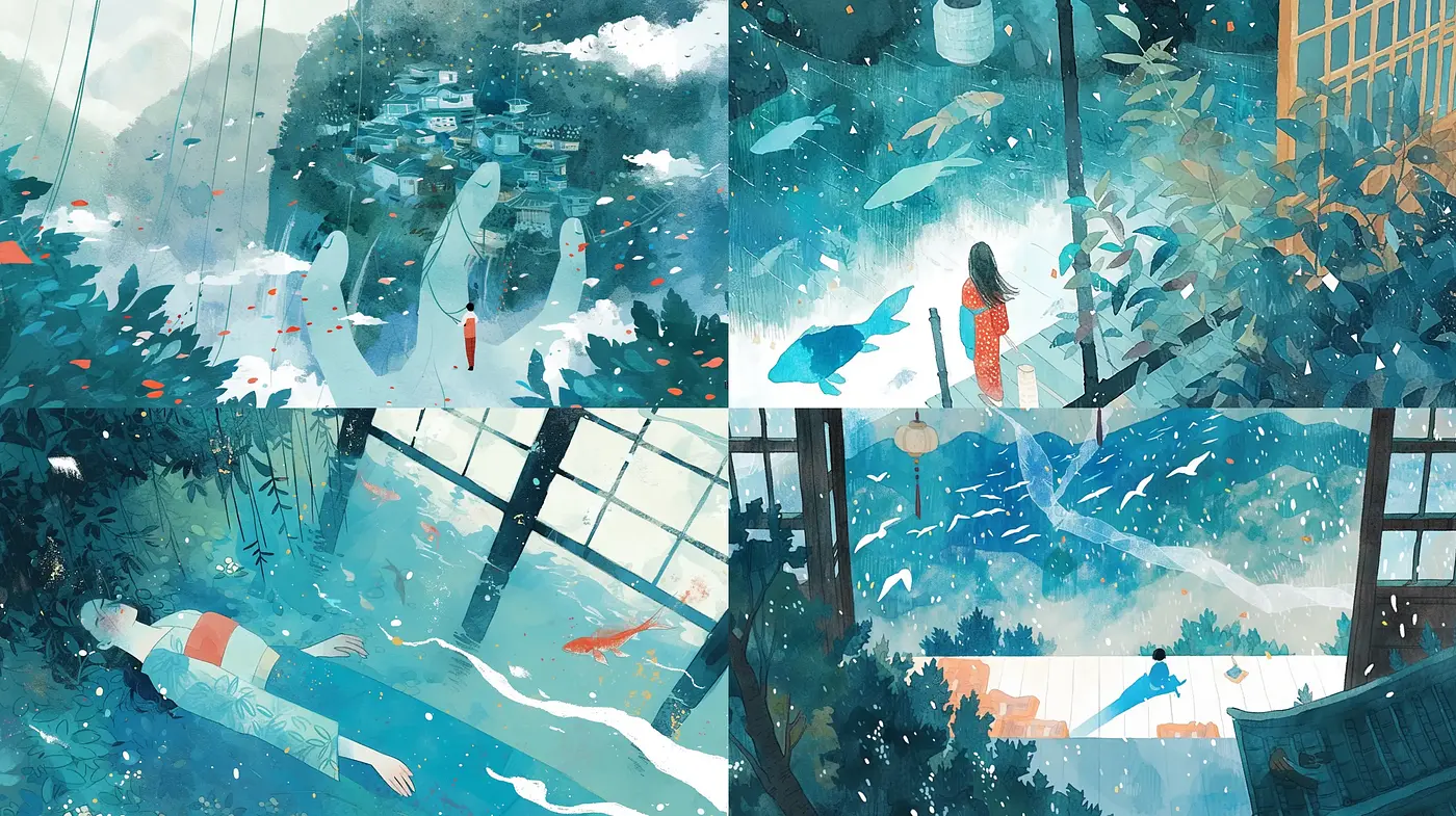 Ethereal Azure Dreamscape: A Watercolor Fusion of Nature and Serenity - Midjourney sref style