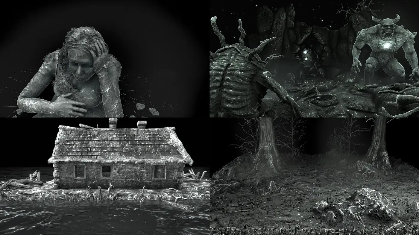 Monochromatic Fantasia: A Harmonious Blend of Gothic Imagination and Surrealist Dreamscapes - Midjourney sref style