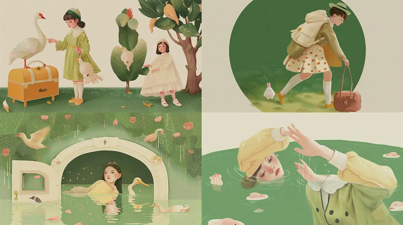 Whimsical Pastoral Scenes with a Soft Vintage Illustrative Quality - Midjourney sref style