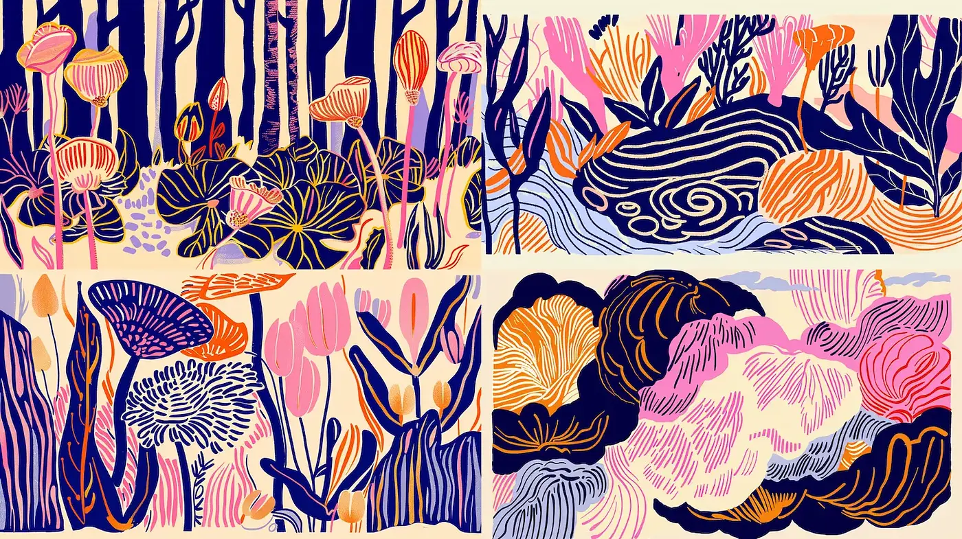 Colorful Botanical and Organic Patterns with a Graphic Quality - Midjourney sref style