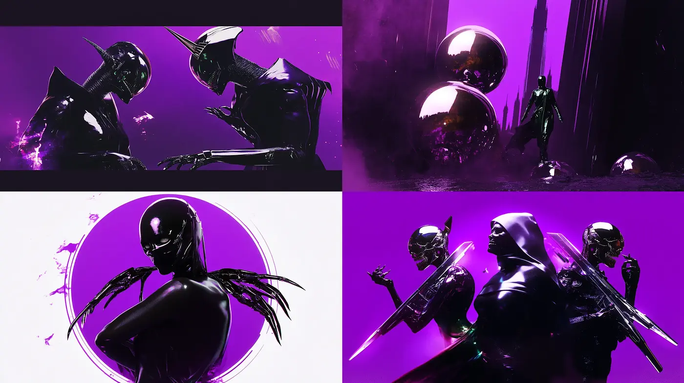 Futuristic Noir Elegance with a Monochromatic Purple Vision - Midjourney sref style