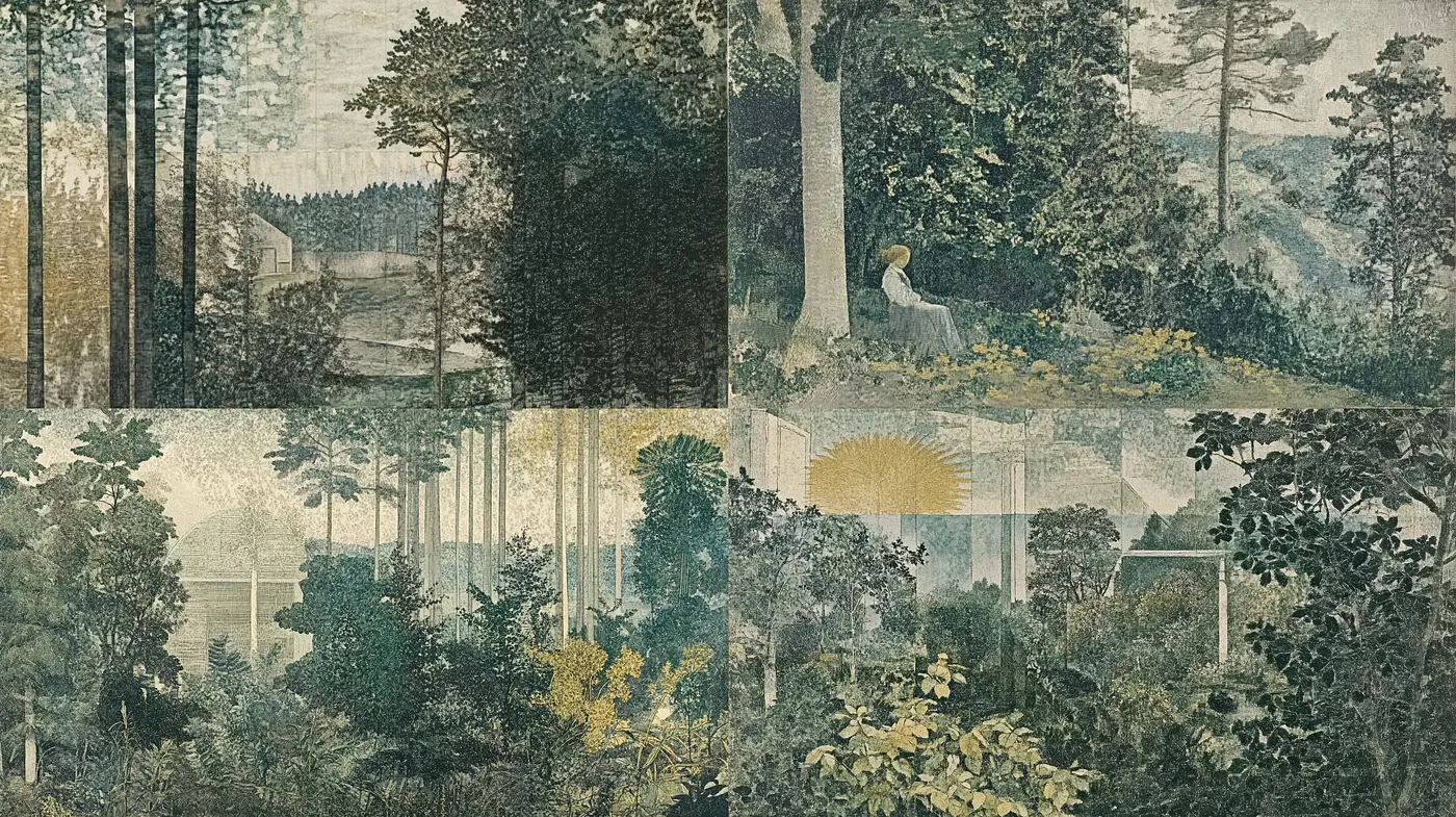 Ethereal Forest Tapestry: Interwoven Nature Scenes in Time-Worn Hues - Midjourney sref style