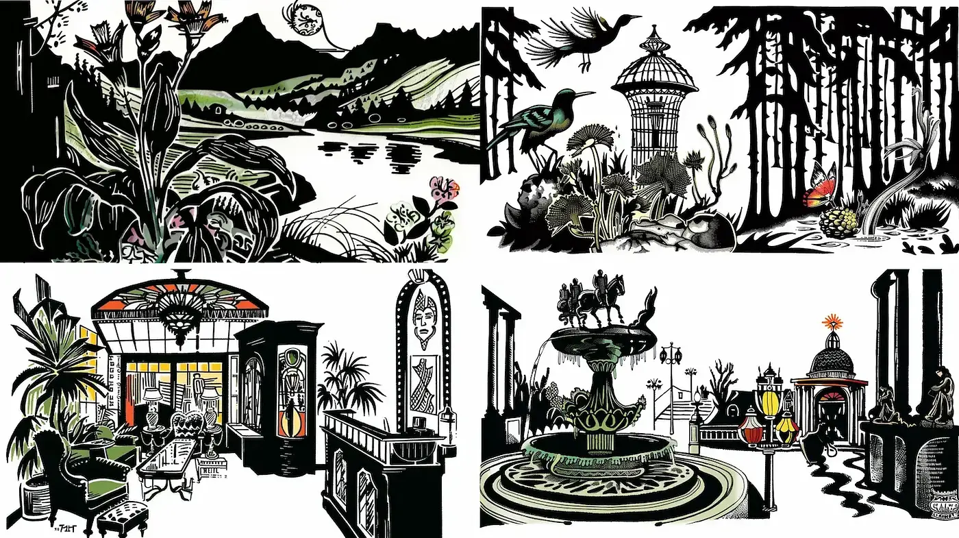 Stylized Botanical and Architectural Illustrations with Bold Contrasts - Midjourney sref style