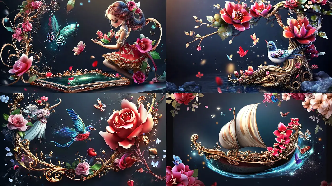 Enchanted Blossoms and Gilded Dreams: A Fantastical Floral Symphony - Midjourney sref style
