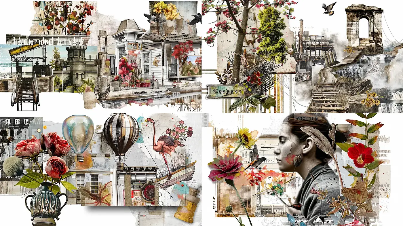 Eclectic Vintage Collage with Nature and Urban Elements - Midjourney sref style