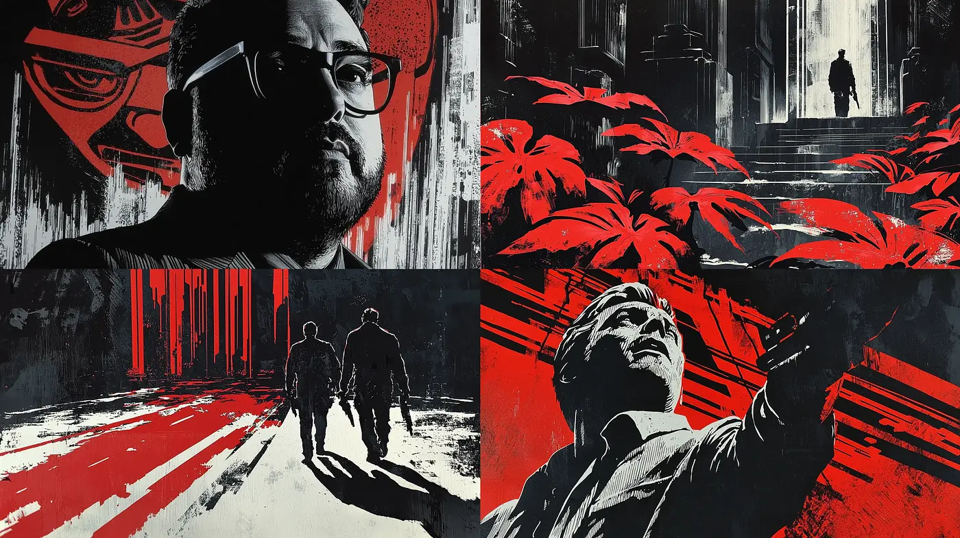 Noir-Inspired Stark Contrast Art with Red and Black Tones - Midjourney sref style