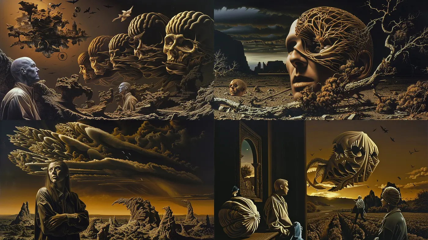 Ethereal Dusk: A Symbiosis of Surrealism and Symbolism in Sepia Shades - Midjourney sref style