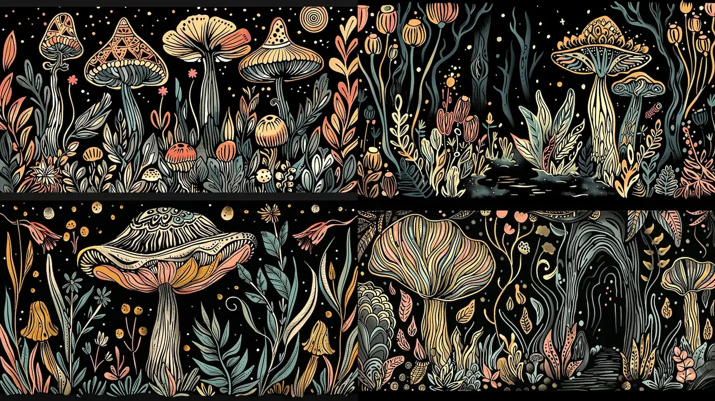 Whimsical Illustrative Flora with a Dark and Enigmatic Essence - Midjourney sref style