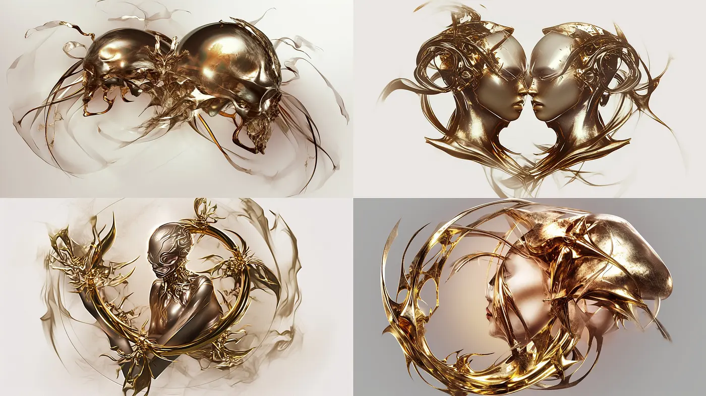 Ethereal Gold-Tinted Dreamscape with Surrealist Overtones and Fluid Metallic Forms - Midjourney sref style