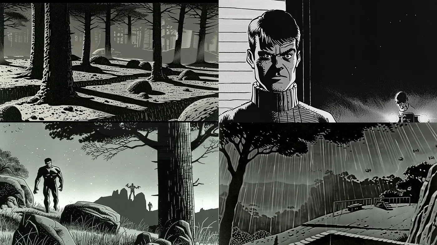 Monochromatic Nocturne: A Consistent Exploration of Stark Black-and-White Graphic Novel Aesthetics - Midjourney sref style