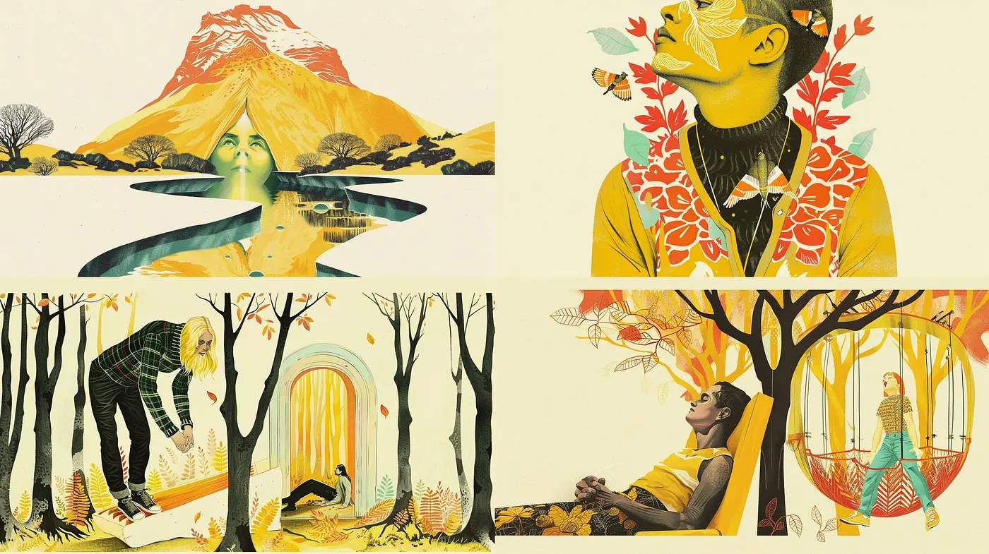 Autumnal Harmony: A Cohesive Blend of Warm Tones and Surreal Illustration - Midjourney sref style