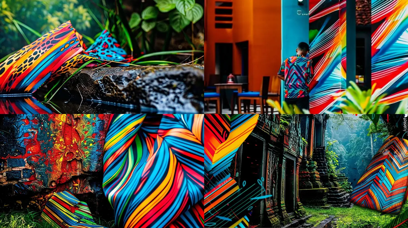 Vibrant Tapestry of Nature and Urban Geometry: A Fusion of Vivid Hues and Dynamic Patterns - Midjourney sref style