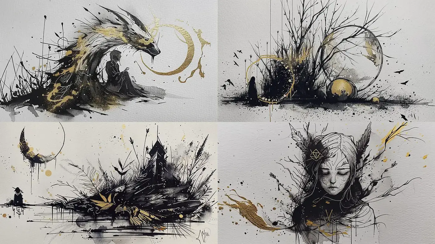 Expressive and Ethereal Ink Illustrations with a Mystical Touch - Midjourney sref style