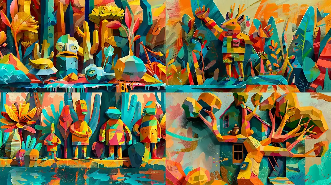 Vibrant and Playful Geometric Landscape with Whimsical Characters - Midjourney sref style