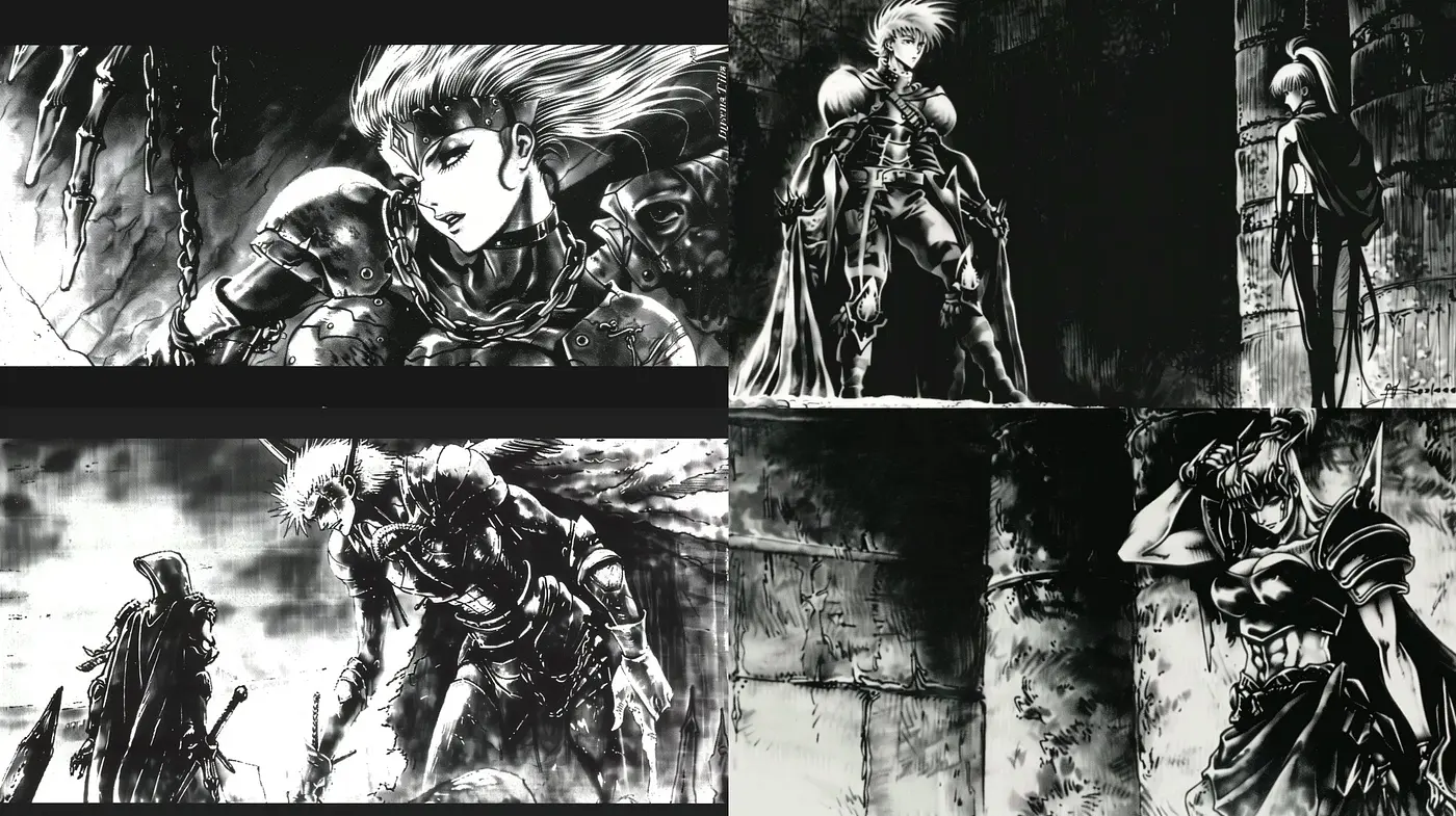 Monochromatic Dynamic Shadows - A Synthesis of Dark Manga Illustrative Essence - Midjourney sref style