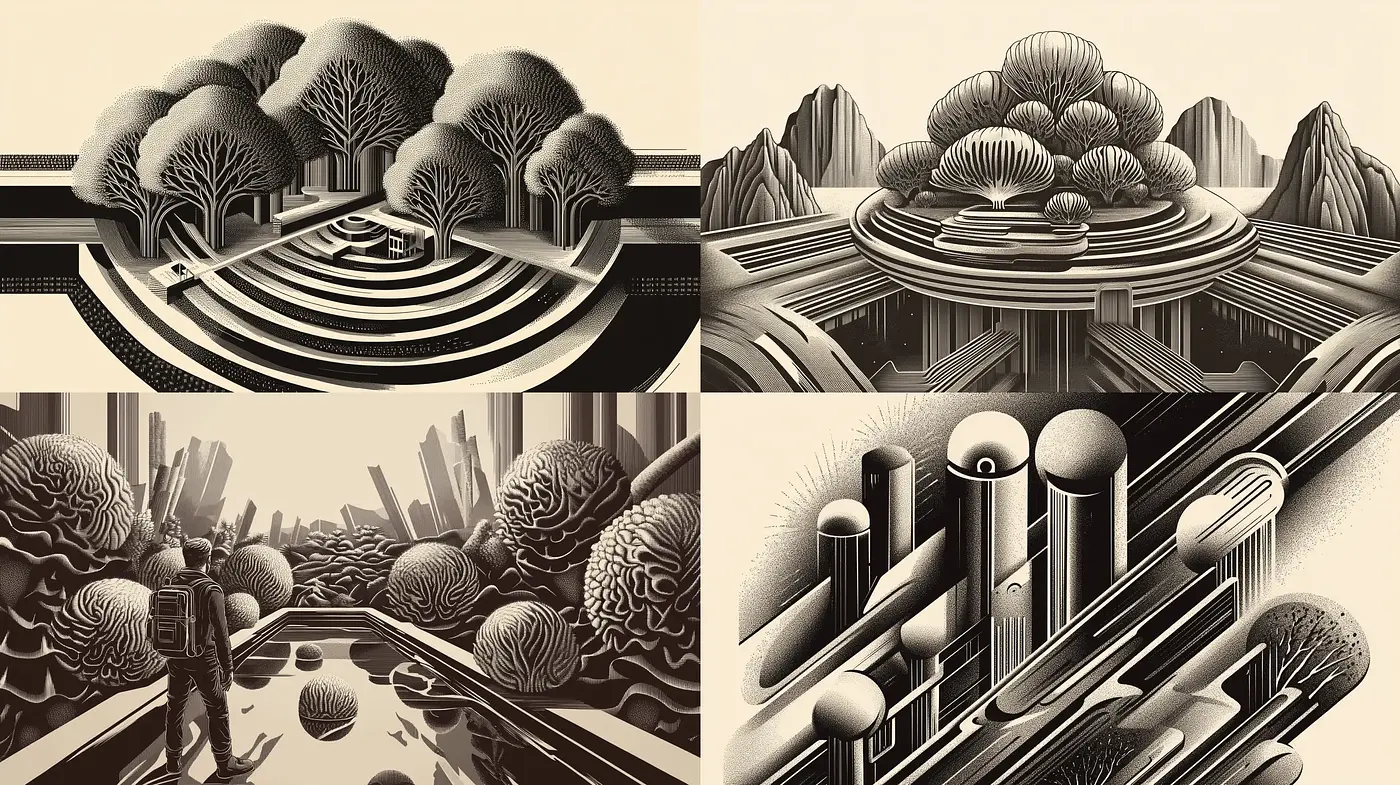 Monochromatic Symphonic Landscapes in Woodcut - Midjourney sref style