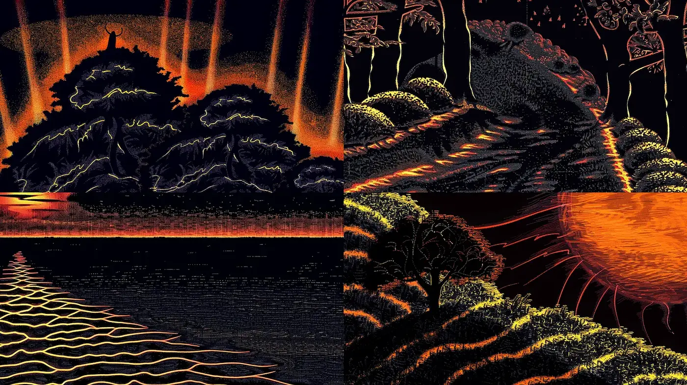 Dynamic Landscape Illustrations with a Vibrant, Illustrative Style - Midjourney sref style