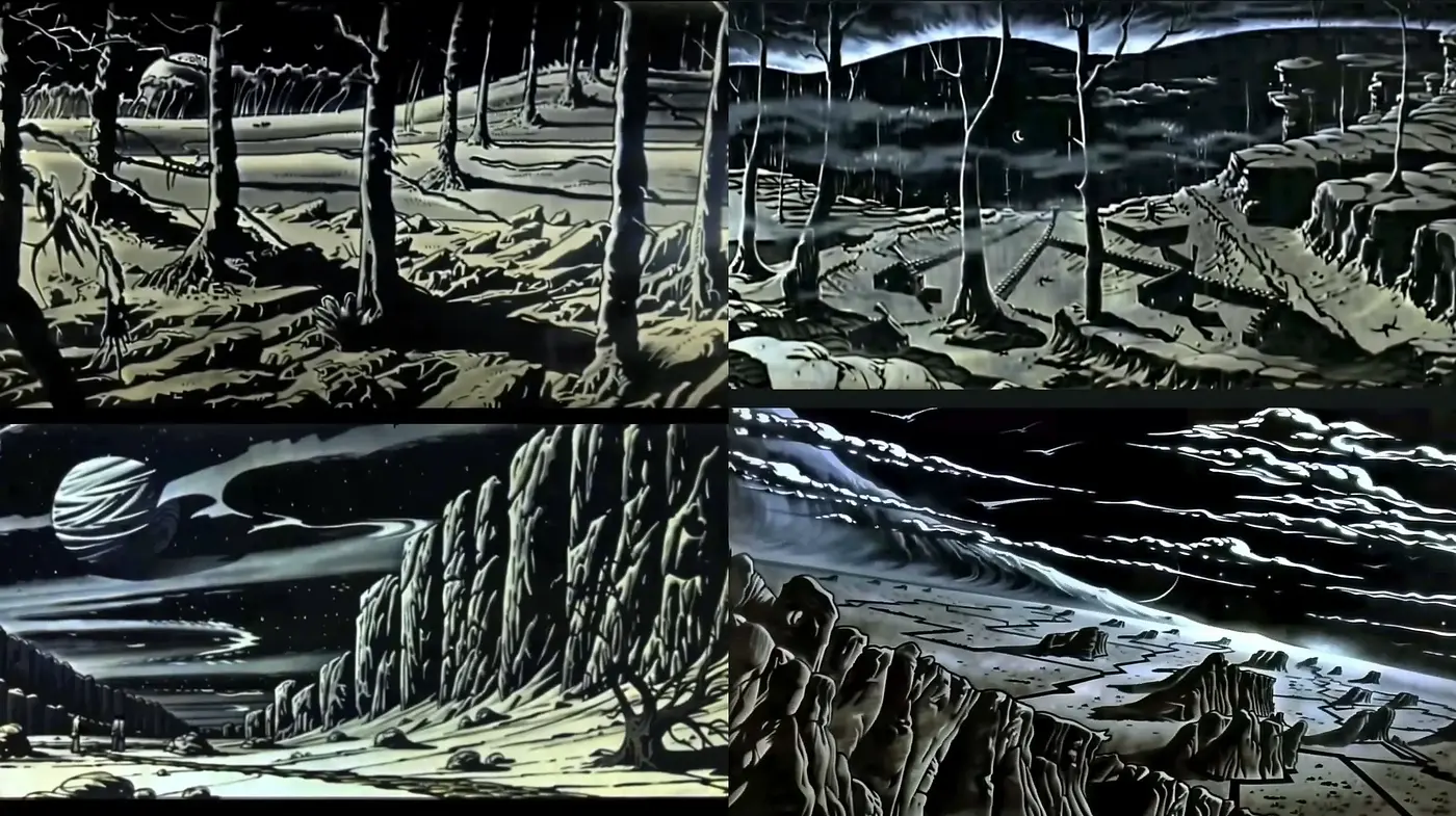 Moody Monochromatic Sci-Fi Panoramas - Midjourney sref style