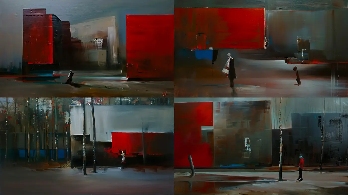 Melancholic Red Embrace: A Fusion of Cinematic Urban Scene and Textured Impressionism - Midjourney sref style