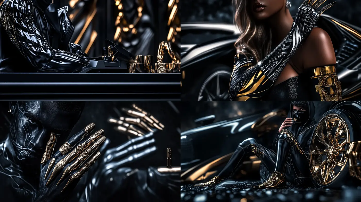 Futuristic Noir Opulence with High-Contrast Metallic Accents - Midjourney sref style