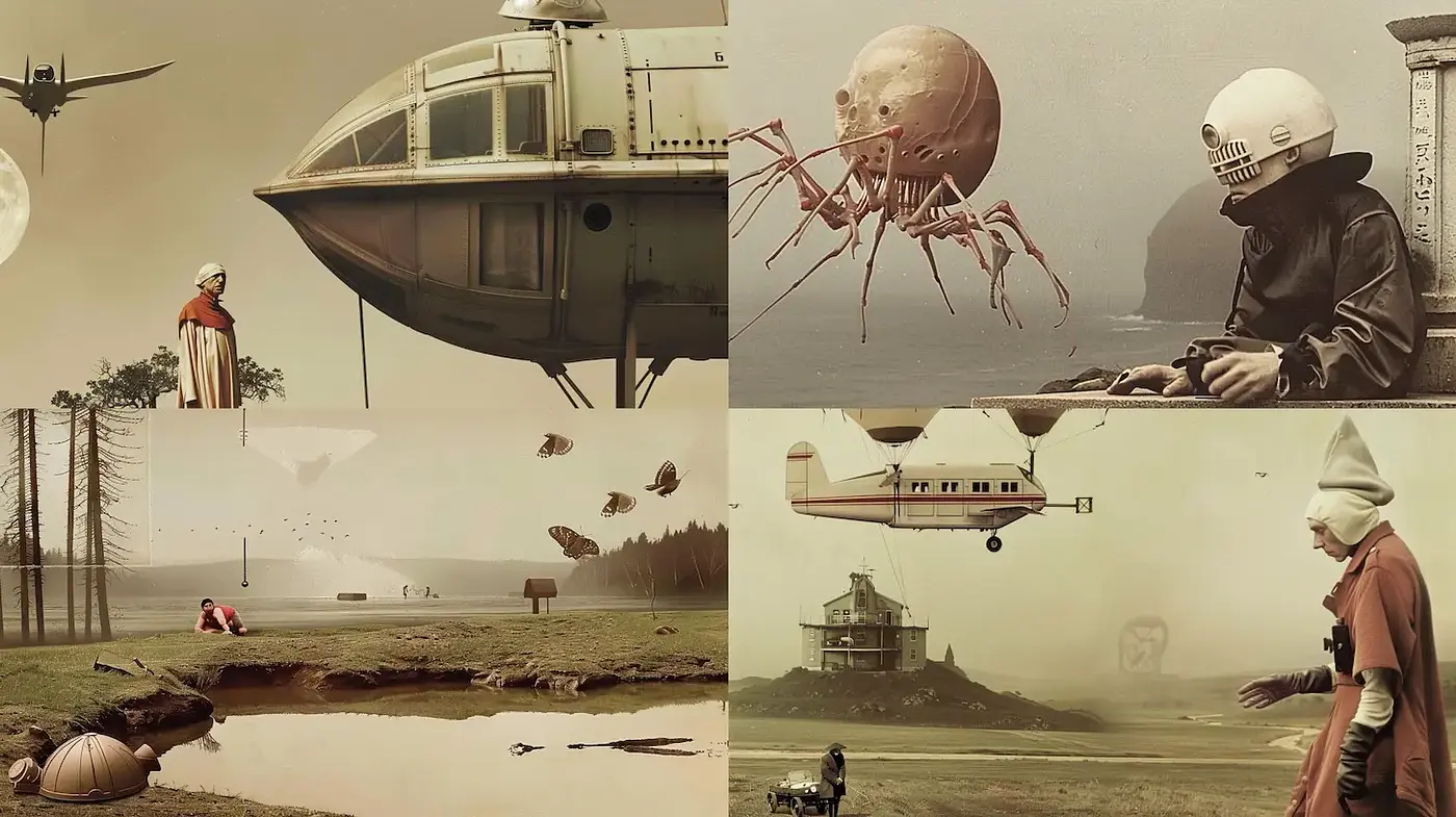 Surrealistic sci-fi artwork with vintage and whimsical elements - Midjourney sref style