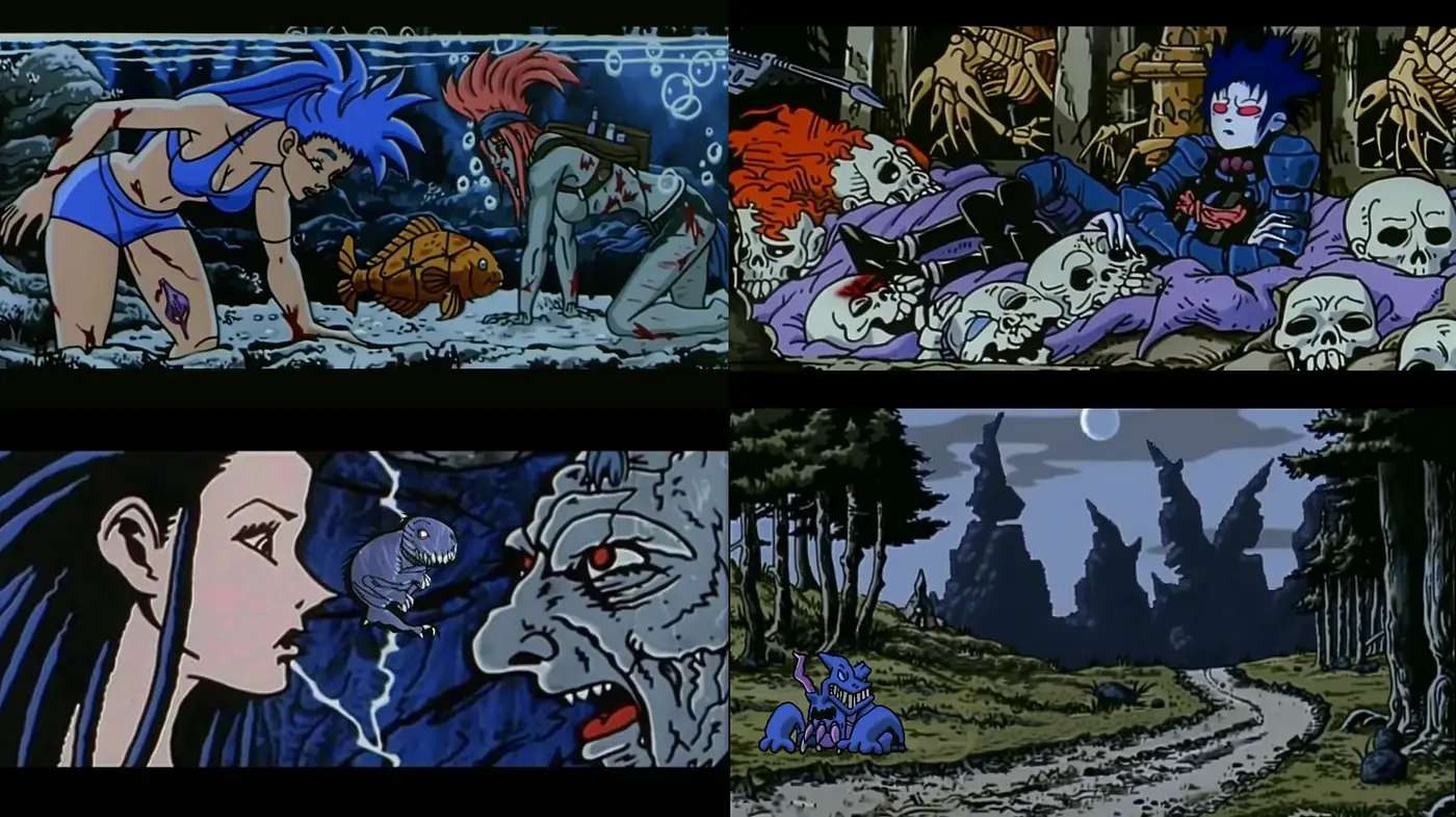 Gritty Textured Ensemble with a Dark Palette and Anime Influence - Midjourney sref style