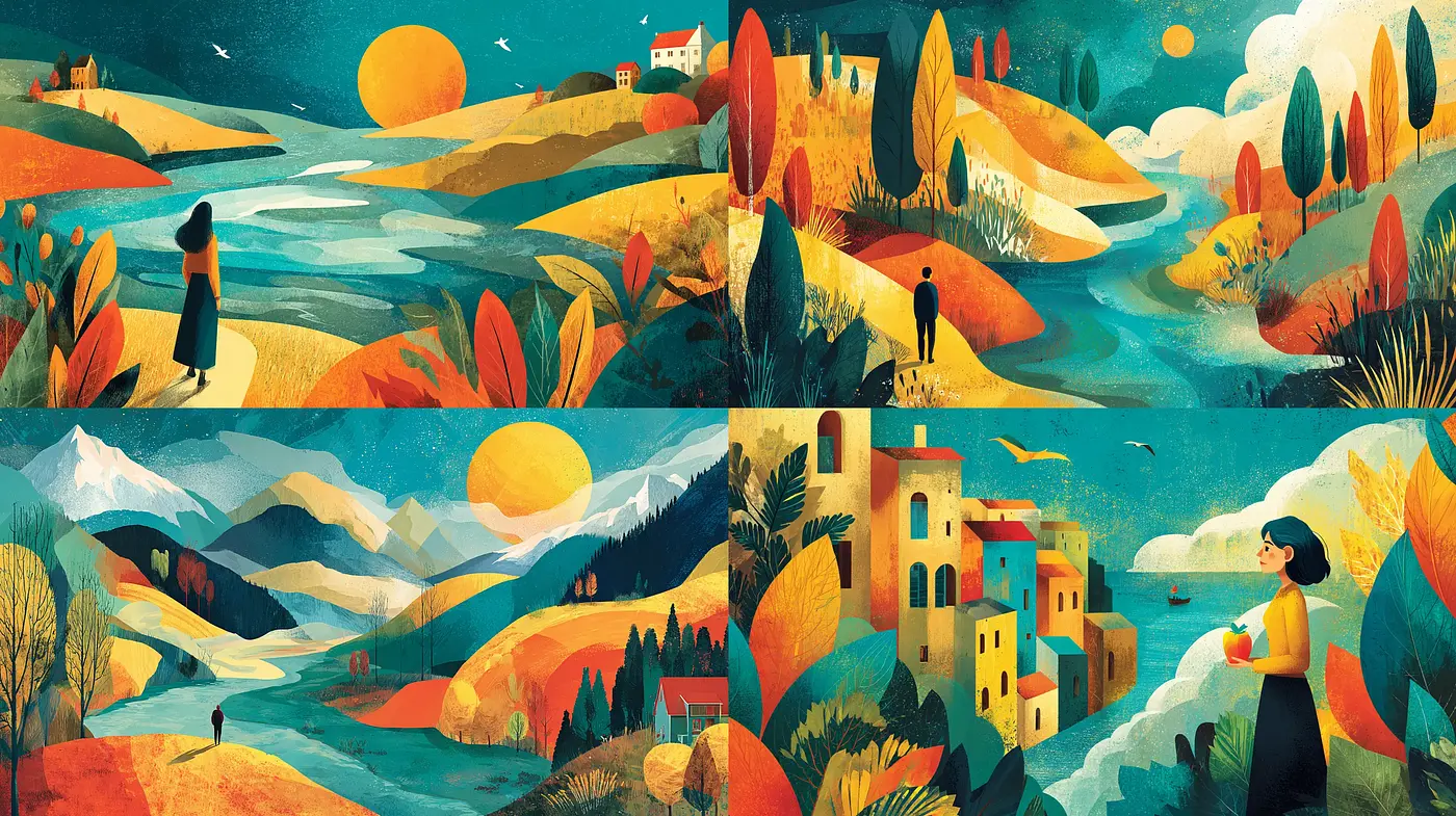 Vibrant and Whimsical Landscapes Inspired by Digital Illustration Techniques - Midjourney sref style