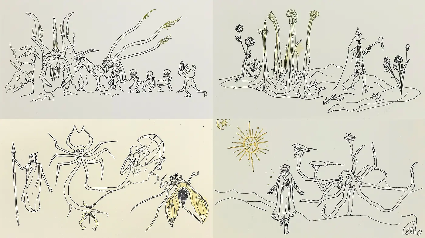Surrealist Ink Sketches Evoking Whimsical Storybook Worlds - Midjourney sref style