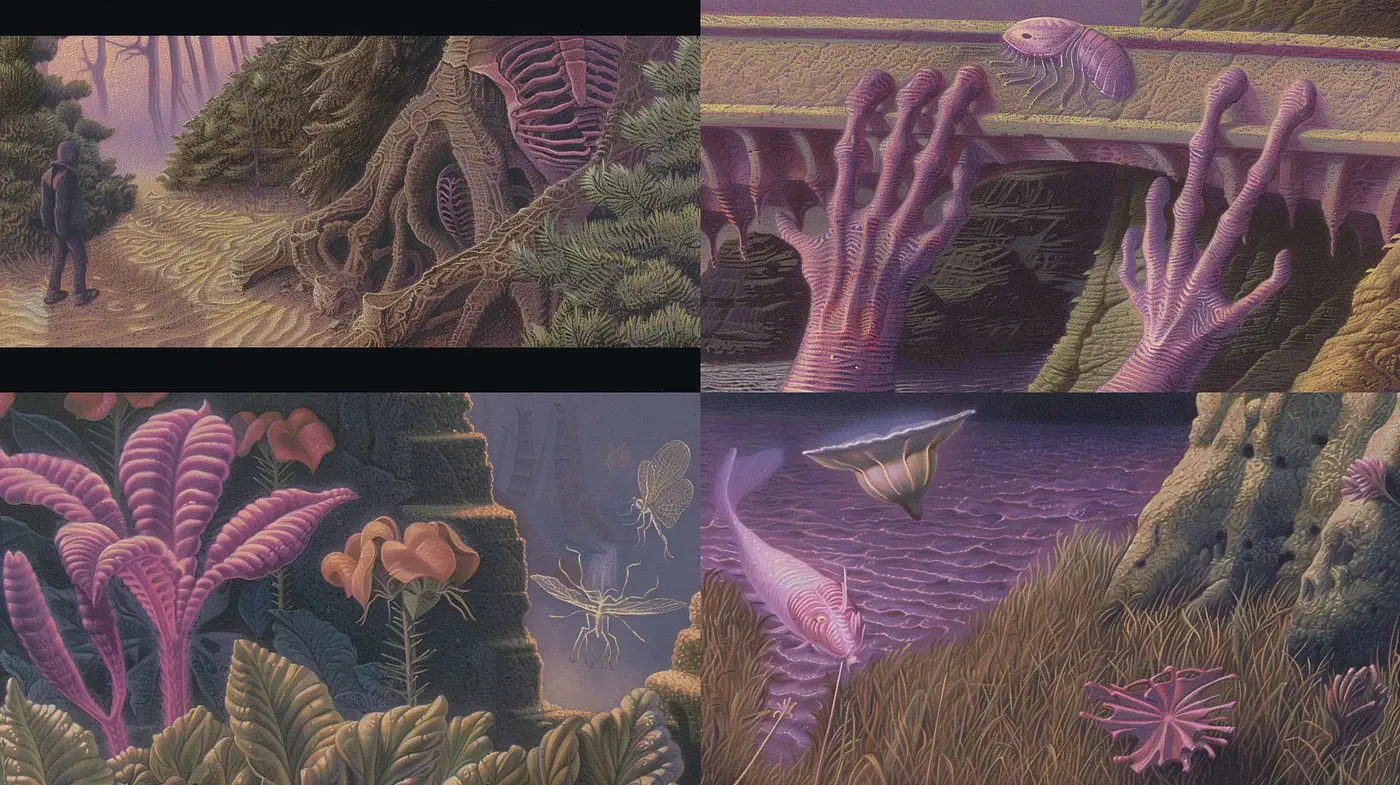 Surreal Dreamscapes with Organic Interplay of Flora and Fauna - Midjourney sref style