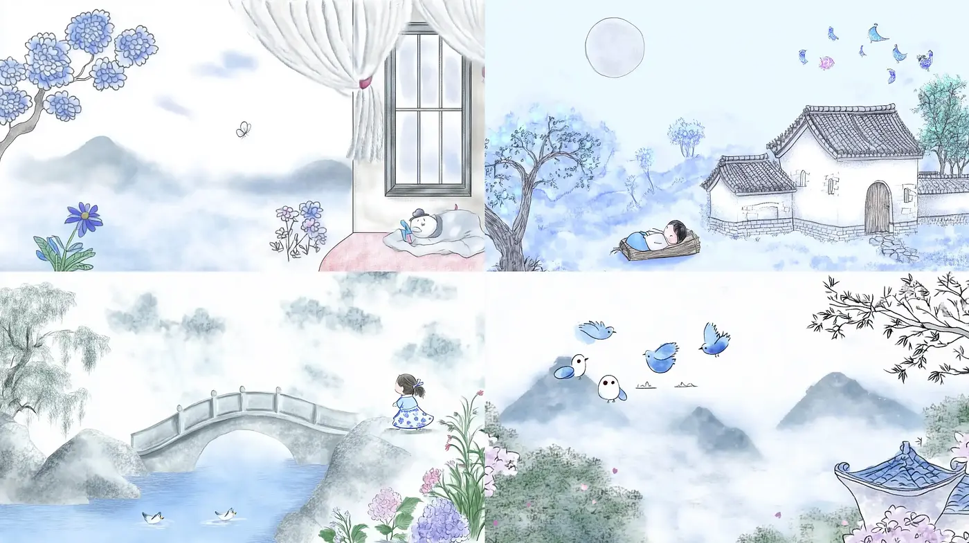 Tranquil East Asian Watercolor Dreamscape - Midjourney sref style