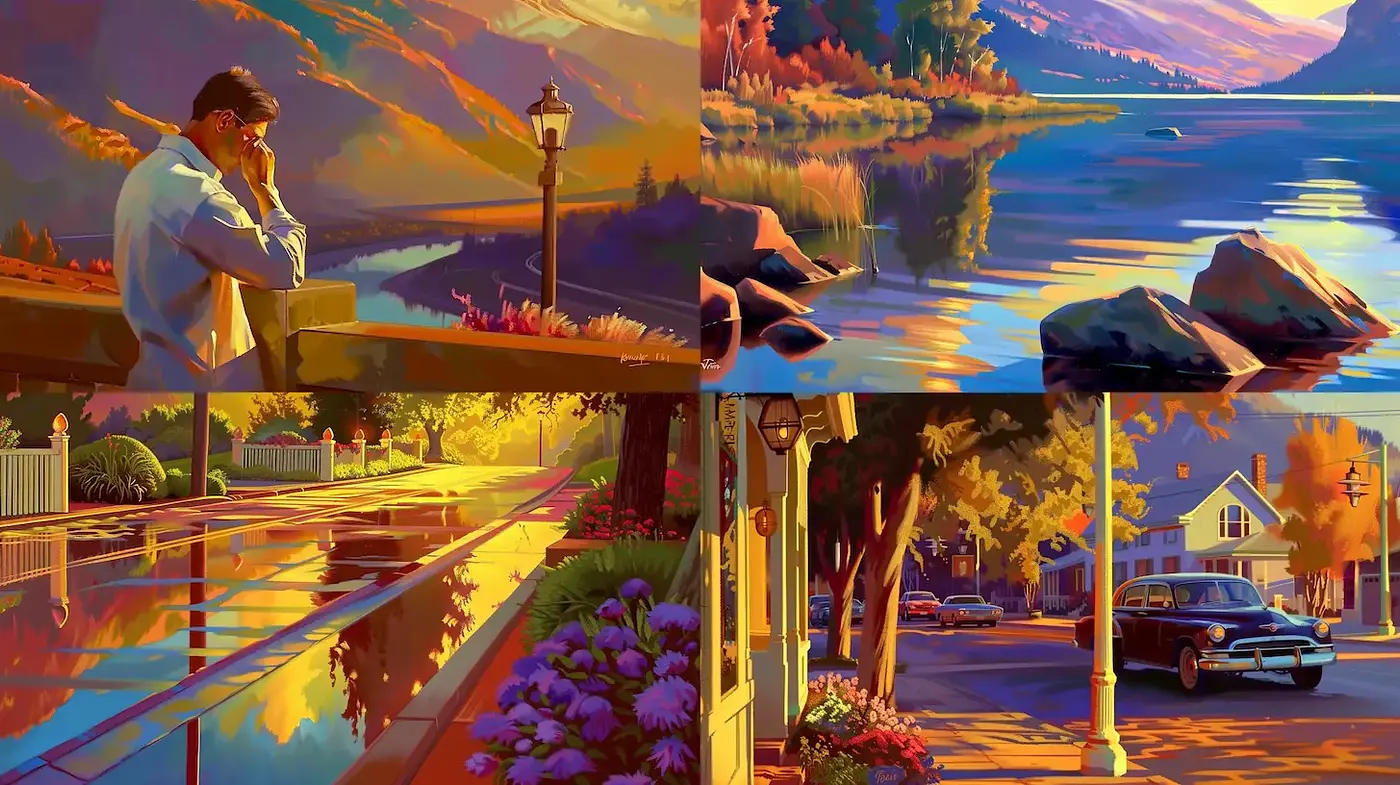 Nostalgic Americana with Vibrant Color Harmony and Impressionistic Influences - Midjourney sref style