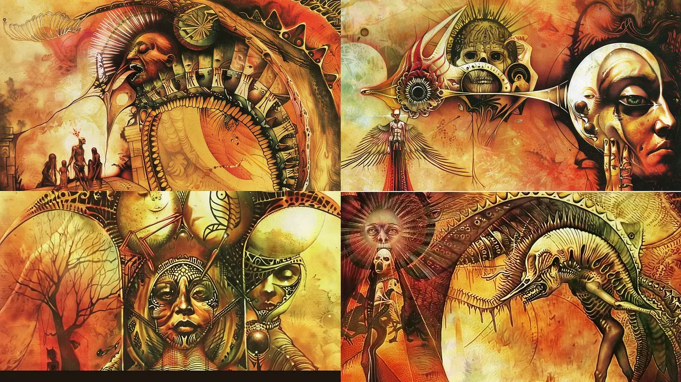 Surreal Mechanized Mythos: A Fusion of Organic and Metallic Forms - Midjourney sref style