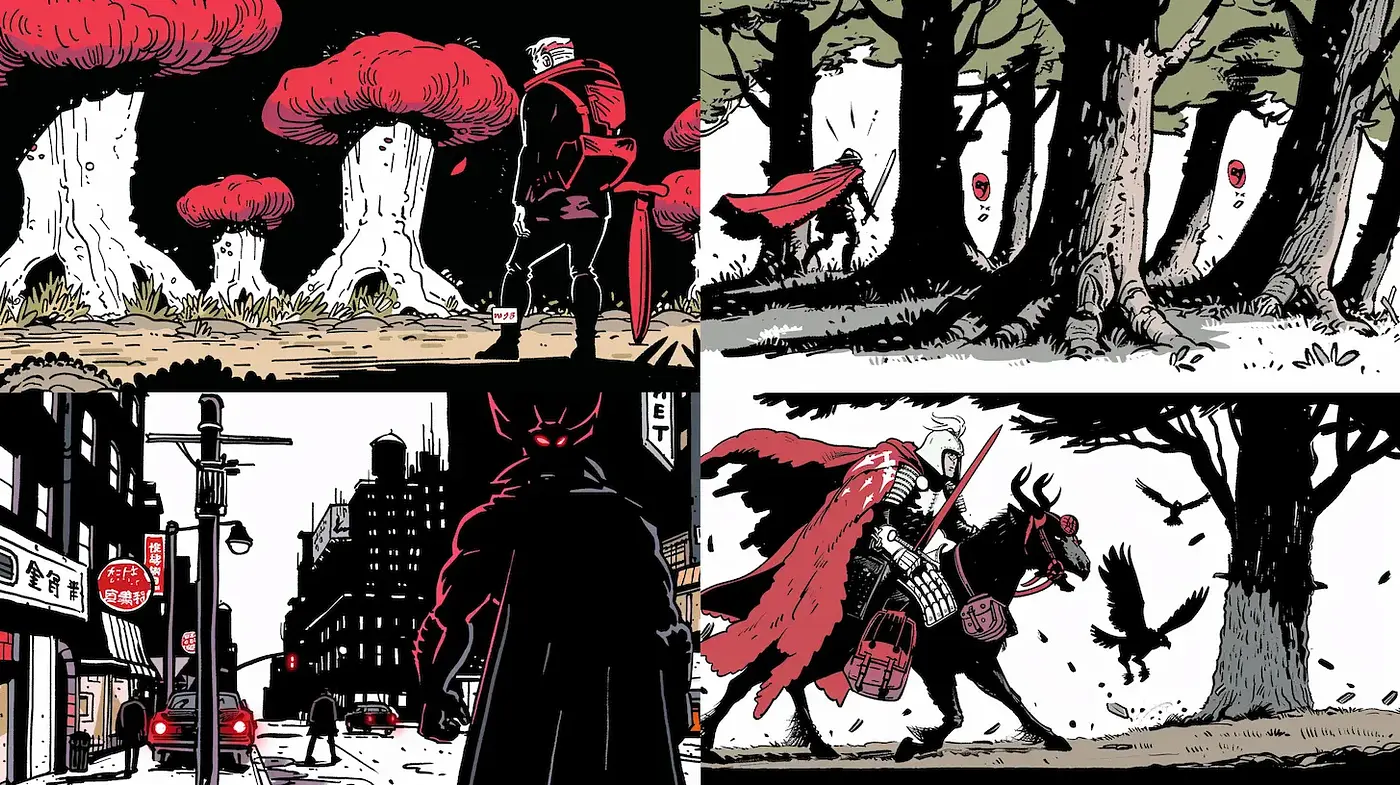 Dynamic Fusion of Fantasy and Urban Elements in Illustrative Style - Midjourney sref style