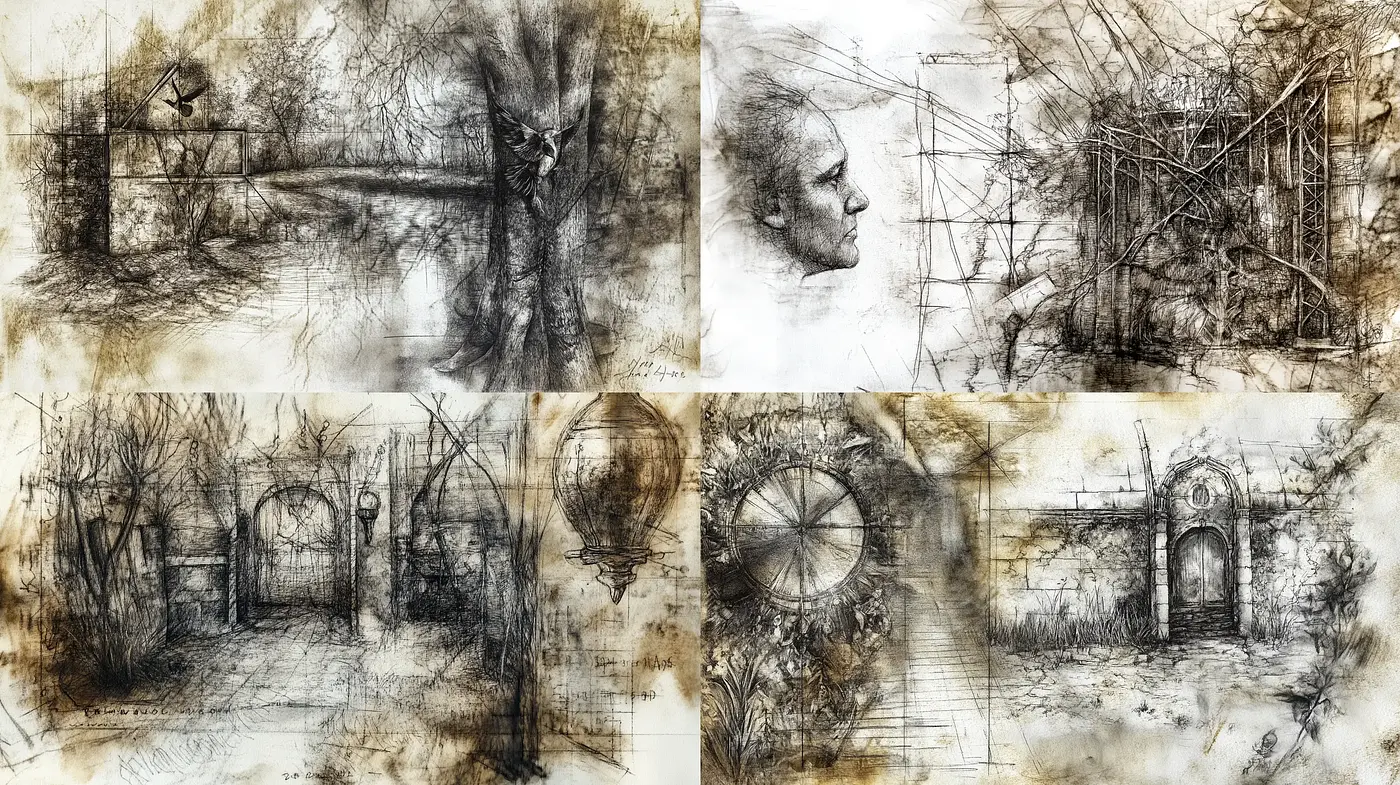 Sepia-Toned Sketches of Timeless Ruins and Faces - Midjourney sref style