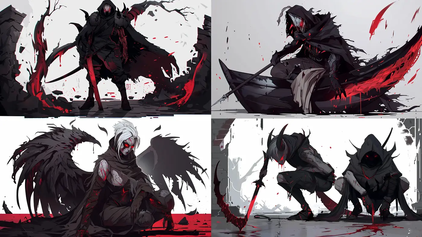 Gothic Anime-Inspired Stylistic Fusion with Stark Contrasts and Dynamic Poses - Midjourney sref style