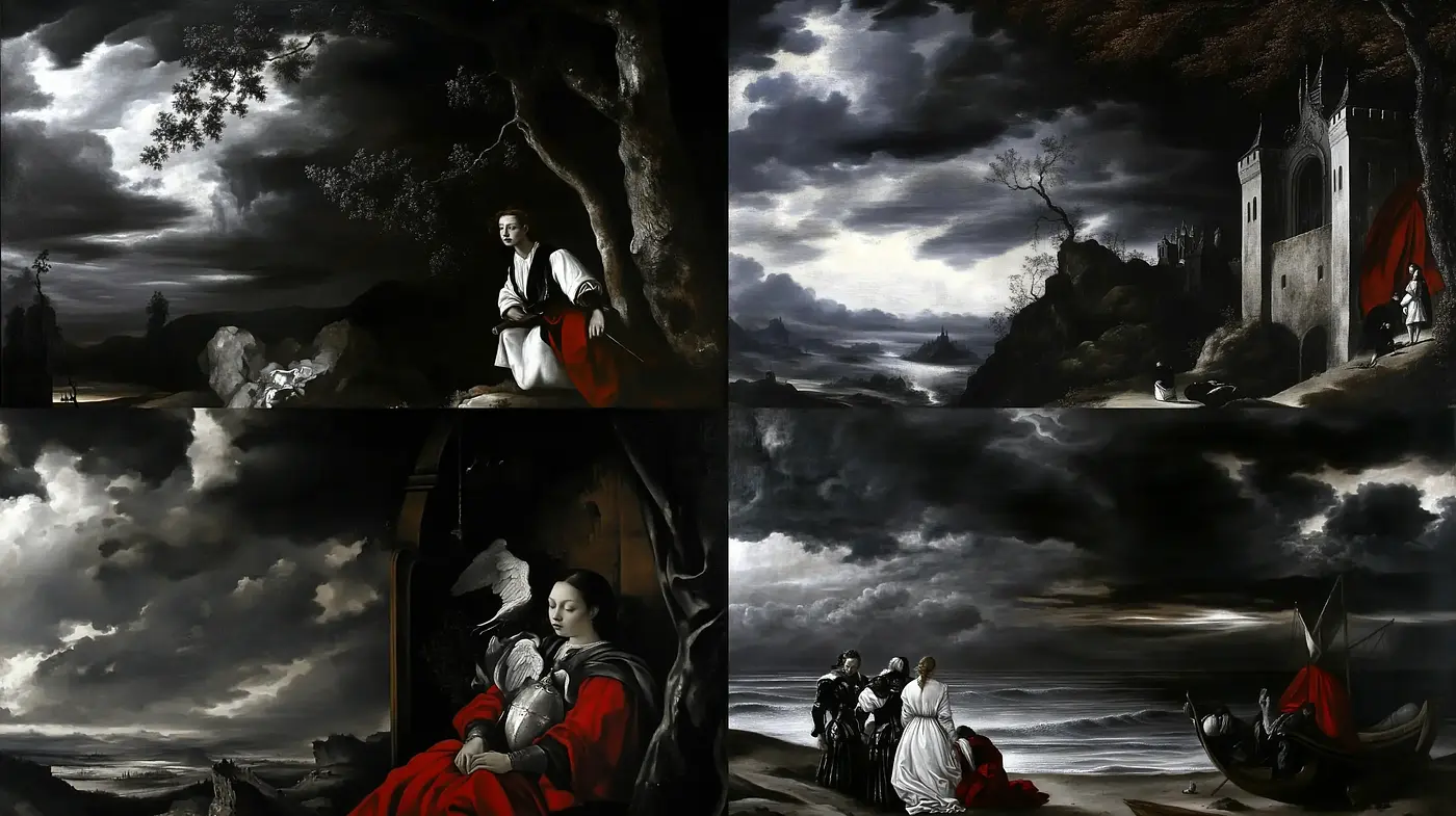 Moody Baroque Reverie with Contrasted Chiaroscuro - Midjourney sref style