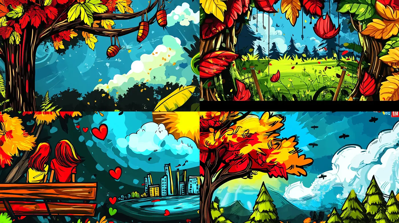 Lively Comic Book Panoramas with Vibrant Autumn Hues - Midjourney sref style