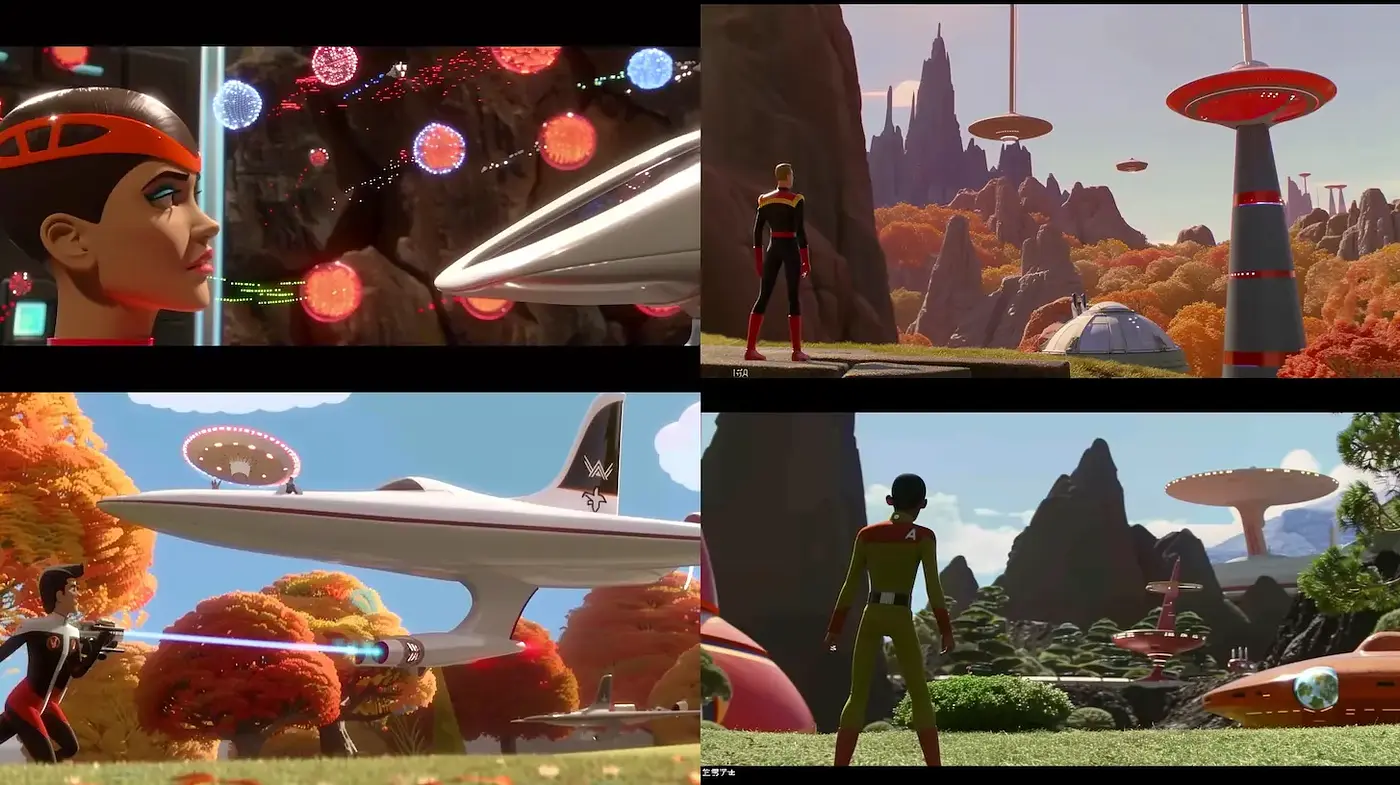 Futuristic yet nostalgic visual storytelling with a vibrant color palette - Midjourney sref style