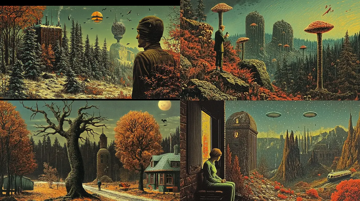 Retrofuturistic Autumnal Vistas with Surreal Overtones - Midjourney sref style