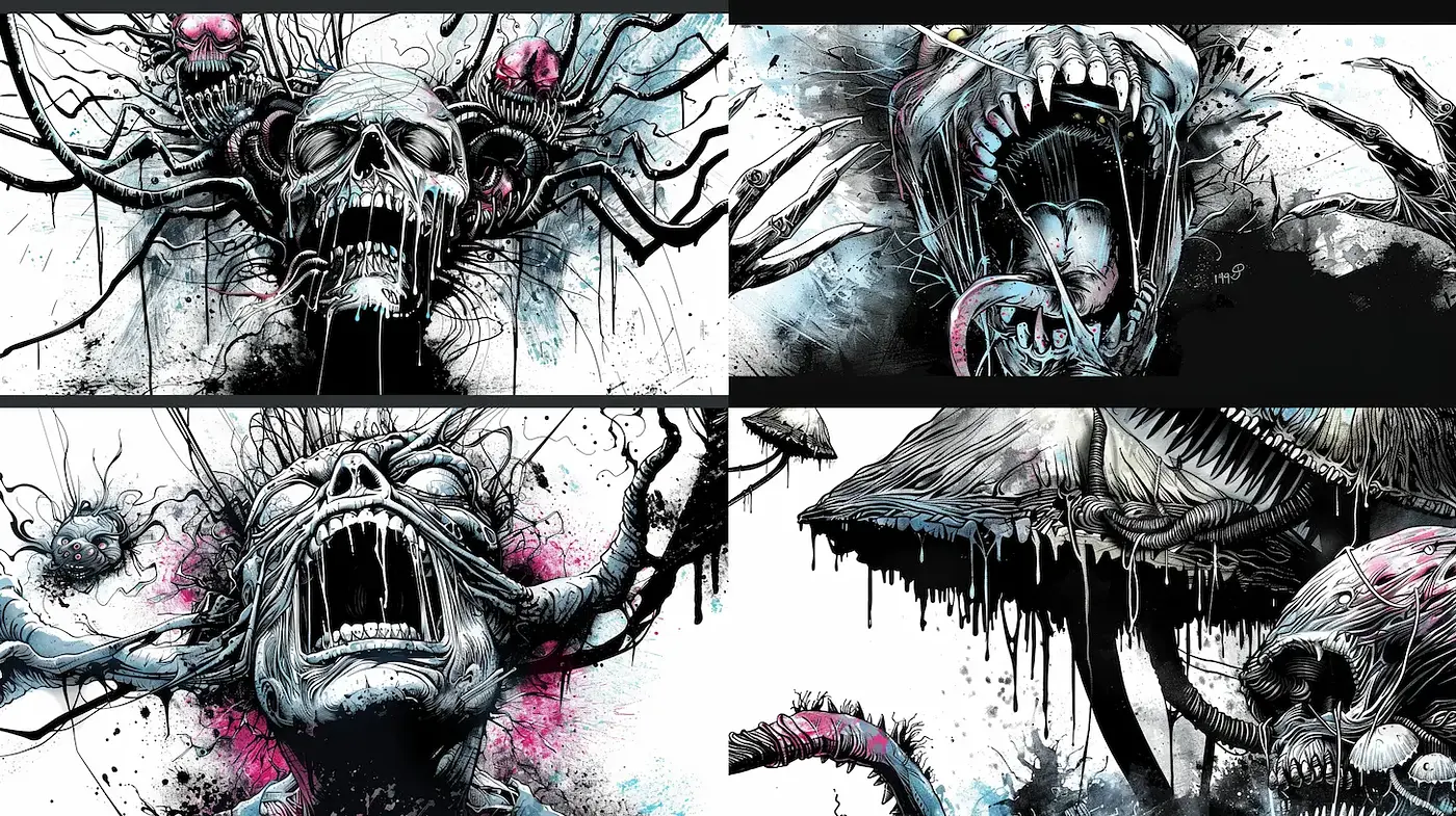 Dark, surreal, and grotesque illustration with intricate textures - Midjourney sref style