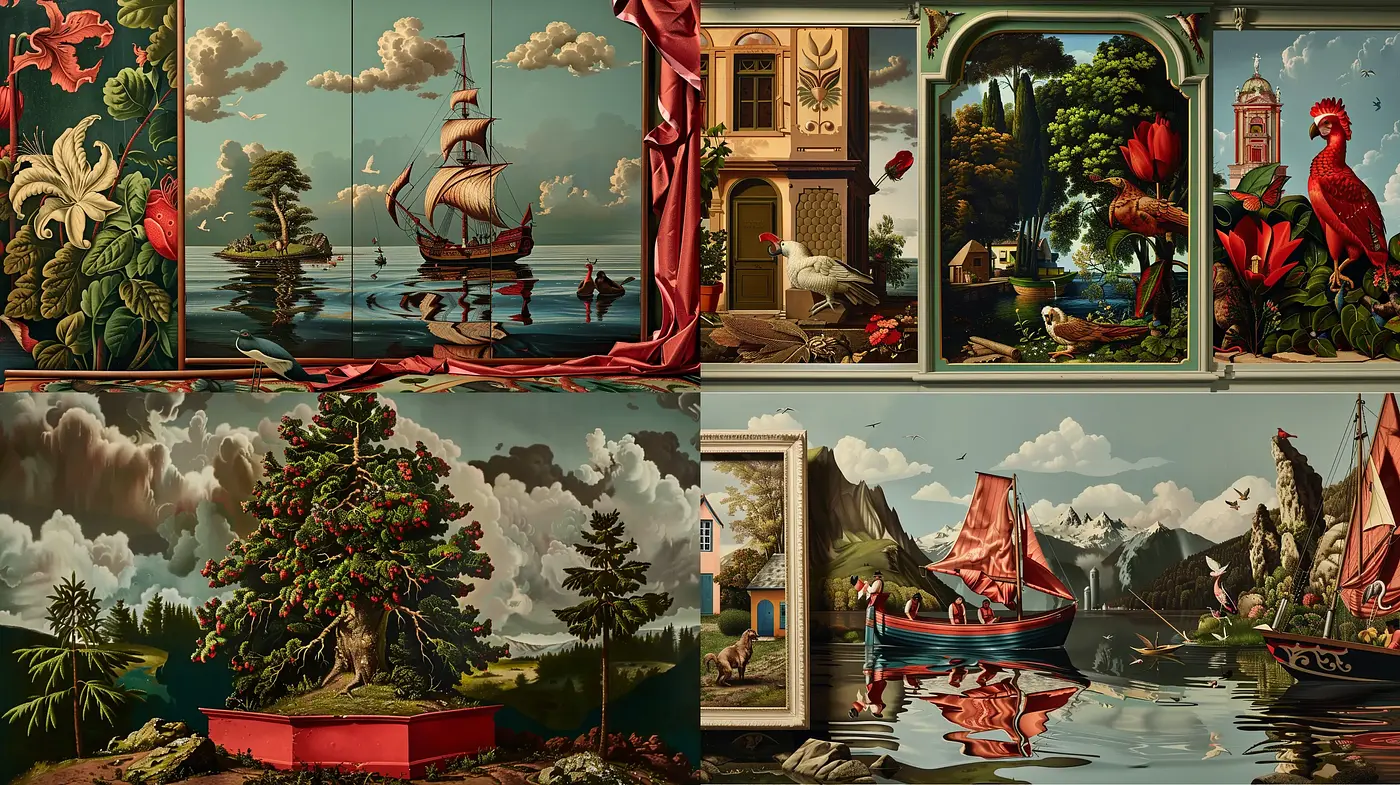 Elegantly Staged Dreamscapes with Romantic Maritime Elements - Midjourney sref style