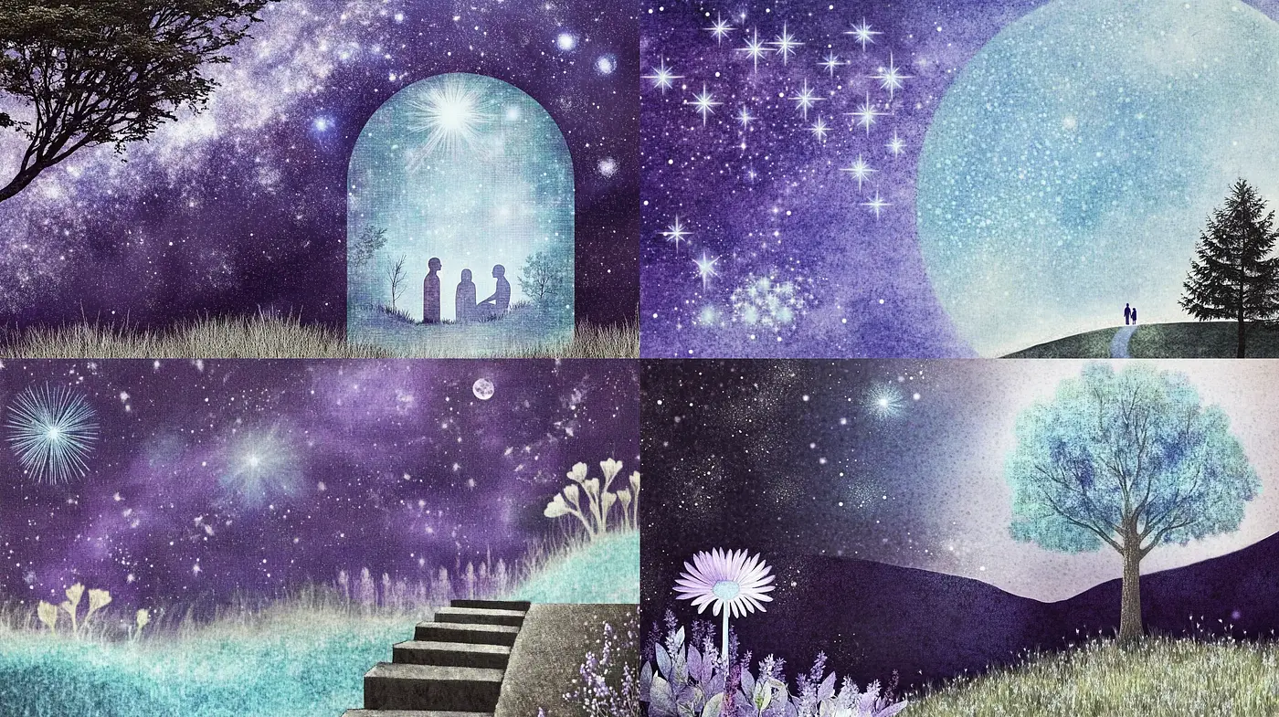 Stardust Whispers in Twilight: A Fusion of Dreamlike Serenity and Cosmic Wonder - Midjourney sref style