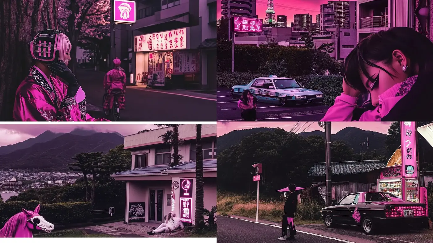 Neon Noir Dreamscape: A Fusion of Cyberpunk Aesthetics and Dusky Twilight Hues - Midjourney sref style