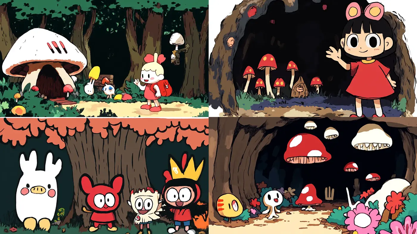 Enchanted Forest Whimsy: A Homage to Modern Cartoon Styles - Midjourney sref style